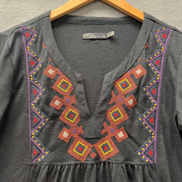 prAna Blouse Womens Medium Black V-Neck Tunic Top 3/4 Sleeve Embroidered Boho - Picture 3 of 5